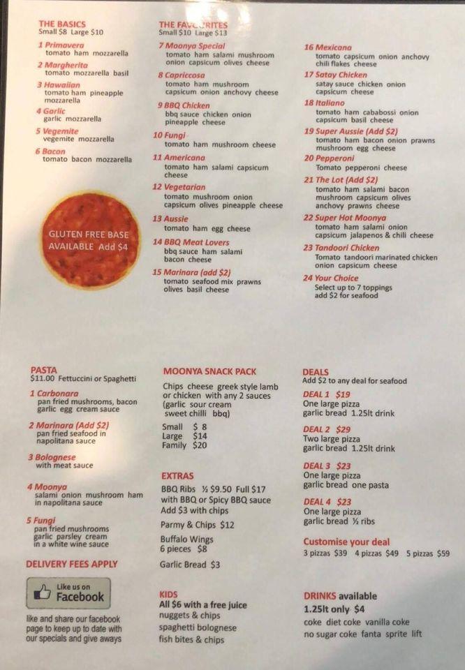 Menu at Moonya Pizza & Pasta pizzeria, Wodonga