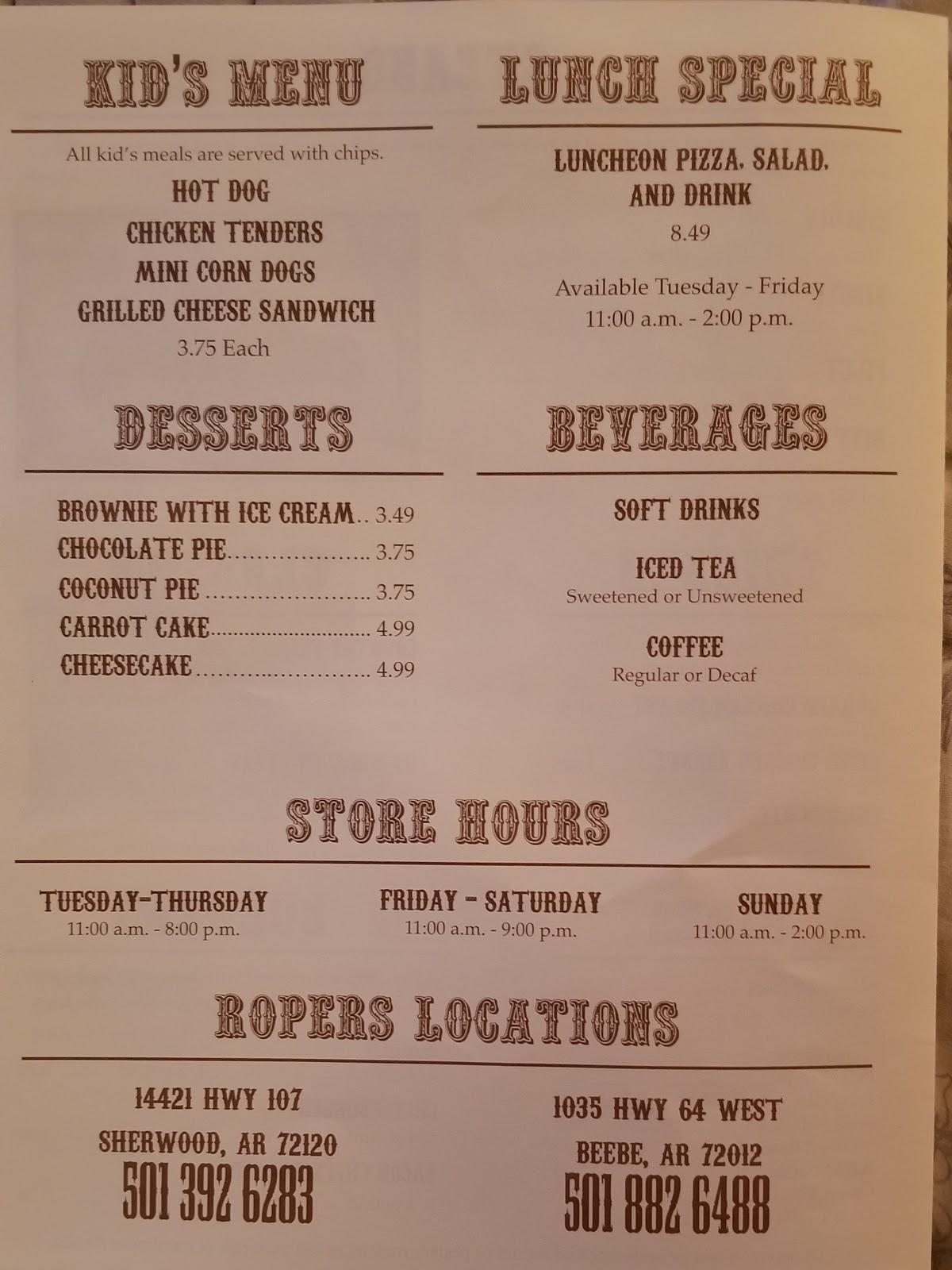 Menu at Roper's Restaurant, Greenbrier