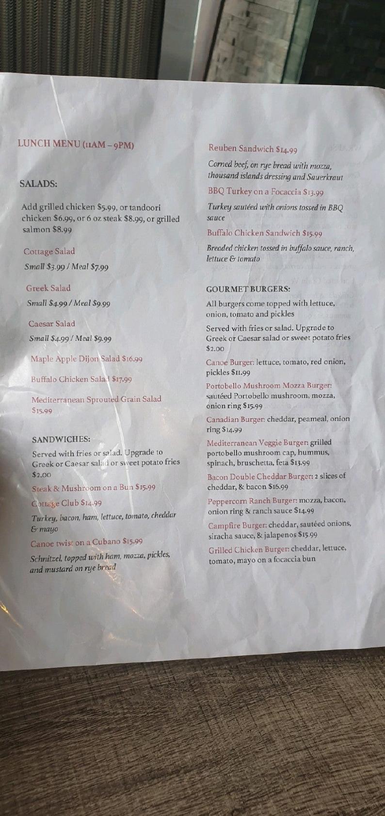 Menu at Cottage Canoe Restaurant, Barrie