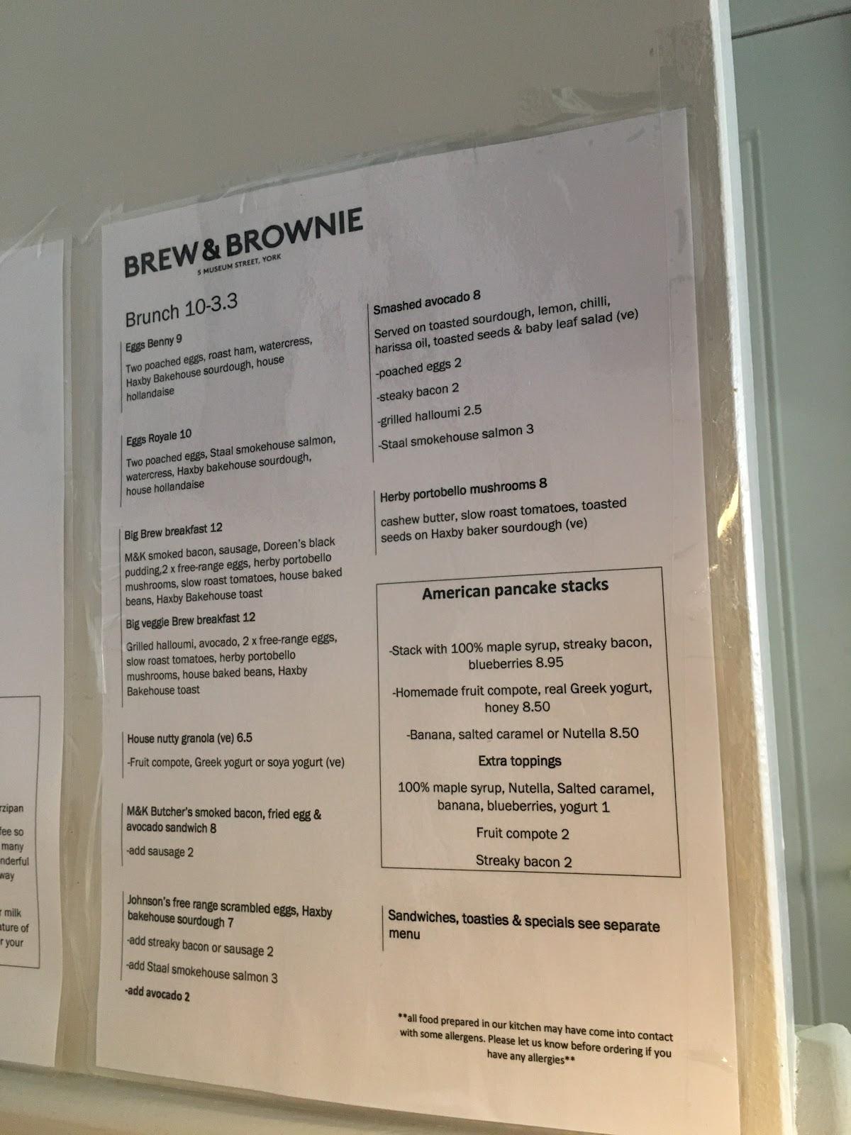 Menu at Brew & Brownie cafe, York, 5 Museum St