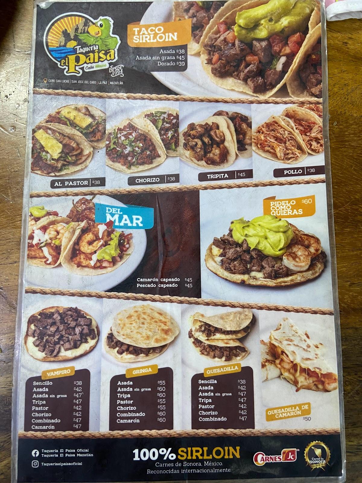 Menu at Taqueria El Paisa steakhouse, San José del Cabo, Av Centenario Sn