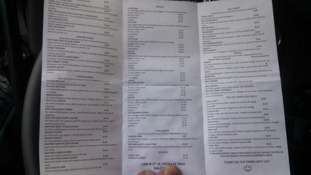 Menu at Thai Sky restaurant, Friona