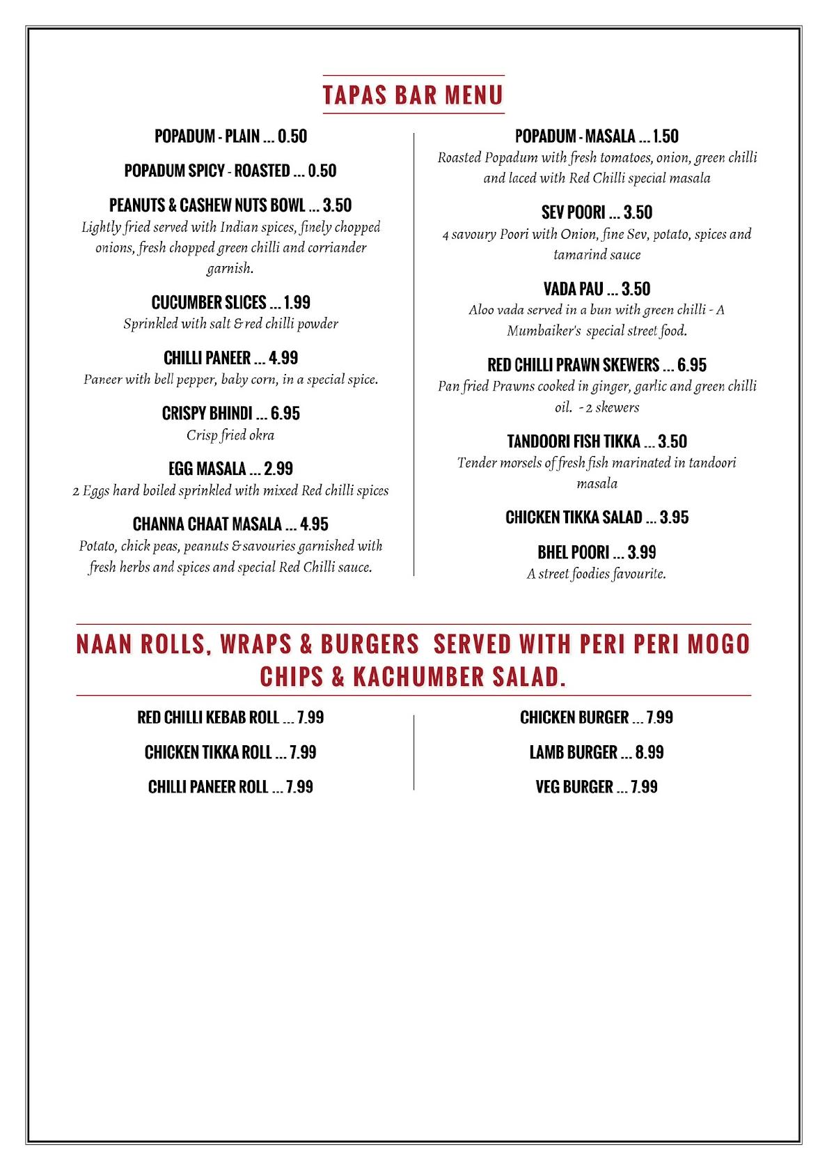 Menu at Red Chilli Indian Restaurant & Tapas Bar, Gibraltar