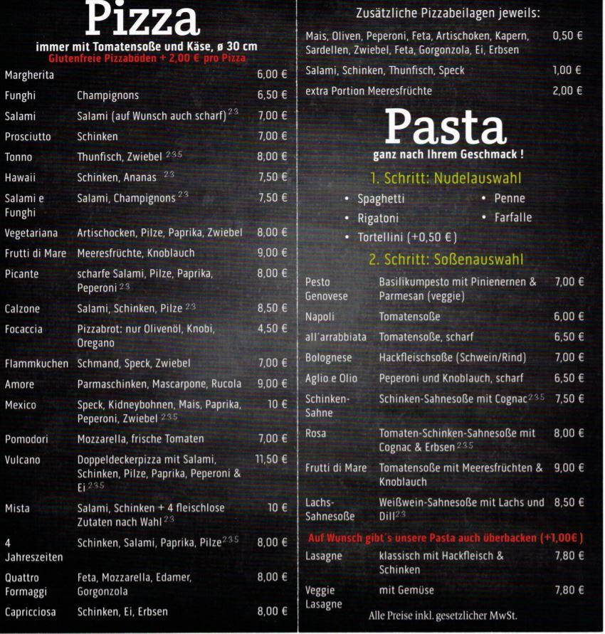 Speisekarte von Pasta Pronto pizza, Deutschland