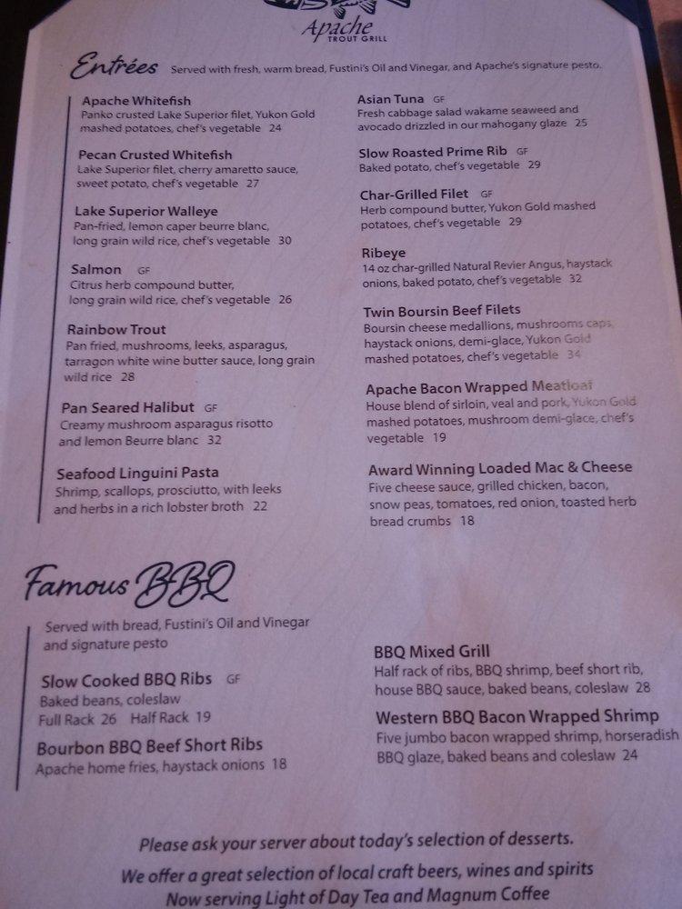 Menu at Apache Trout Grill pub & bar, Traverse City