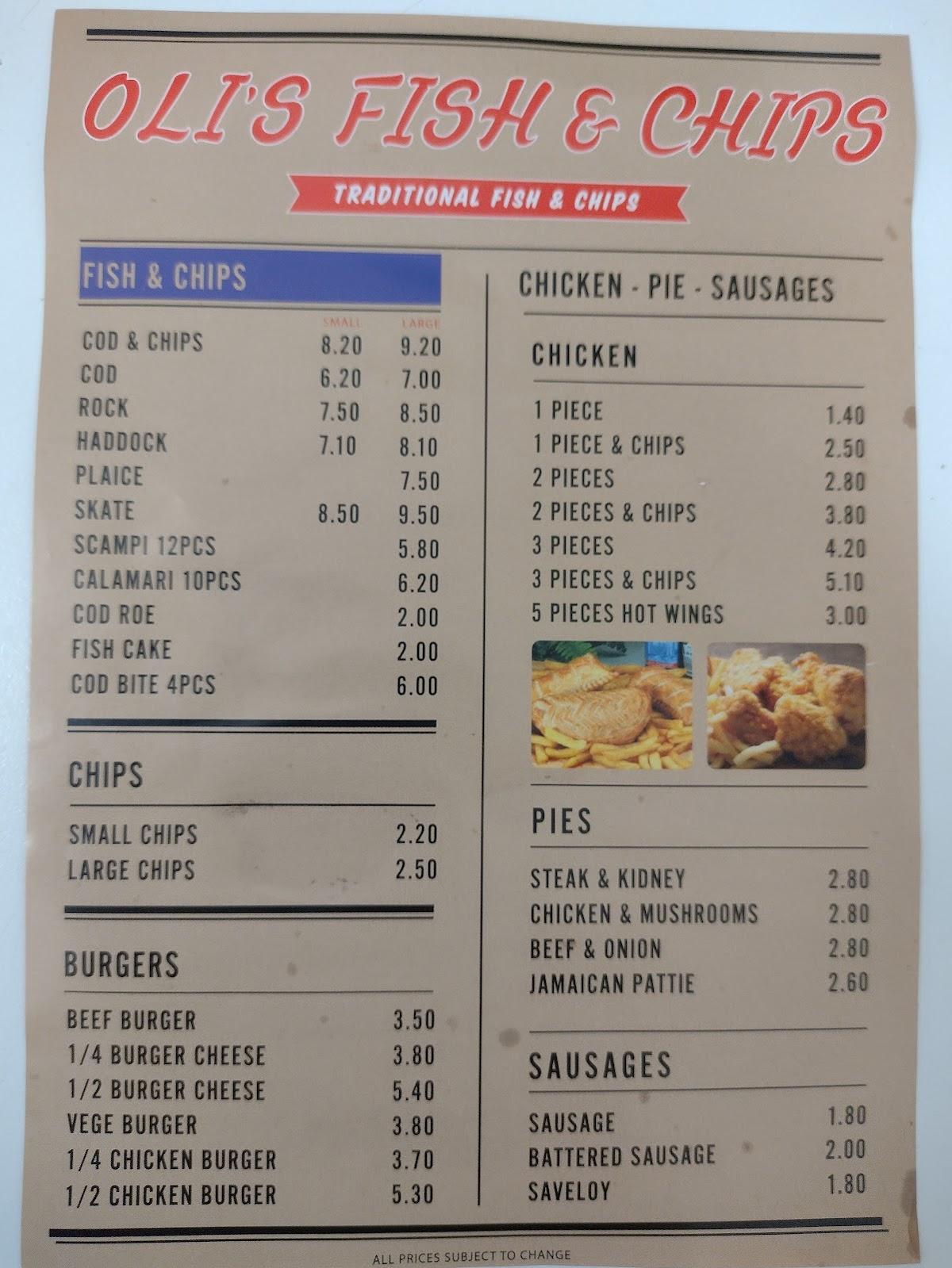 Menu at Oli's Fish & Chips restaurant, London