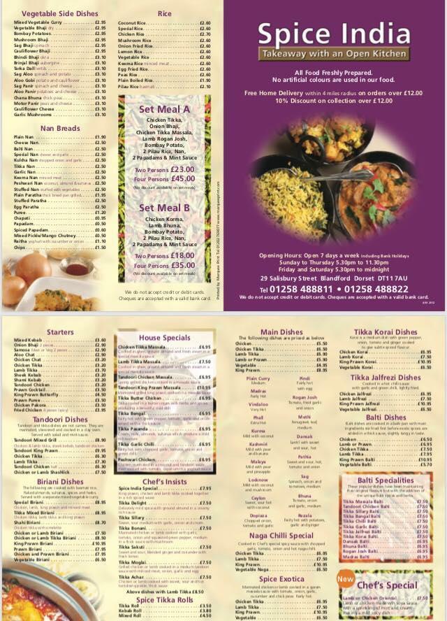 Menu at Spice India fast food, Blandford Forum
