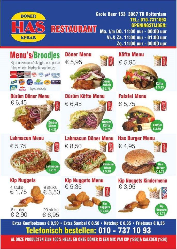 Menu At Has Doner Kebab, Rotterdam, Grote Beer 153