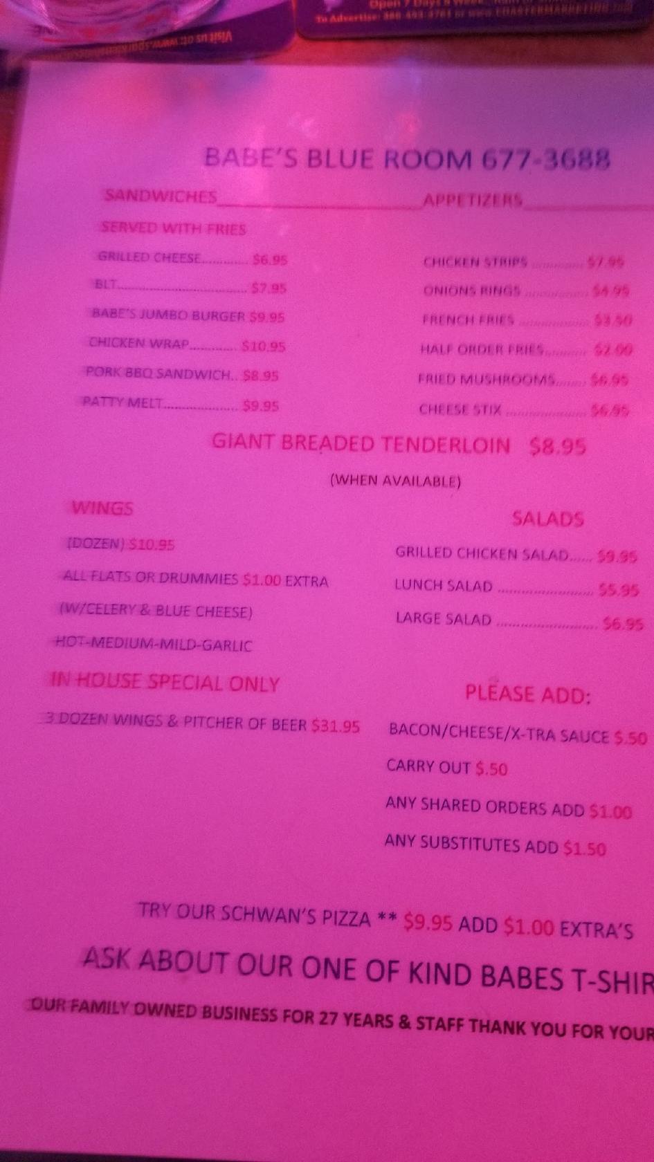 Menu at Babe's Blue Room pub & bar, Ormond Beach