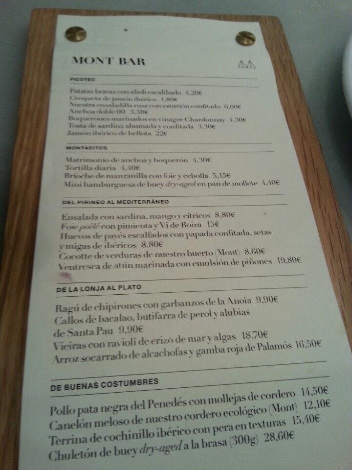 Menu at Mont Bar, Barcelona
