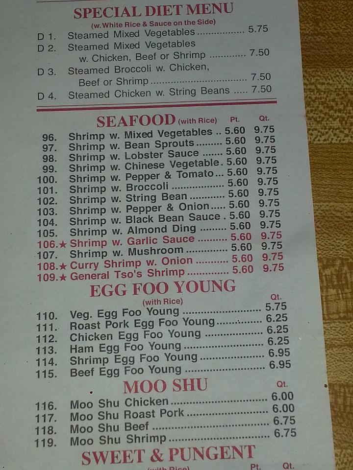 Menu at Lee's Chinese restaurant, Jersey City
