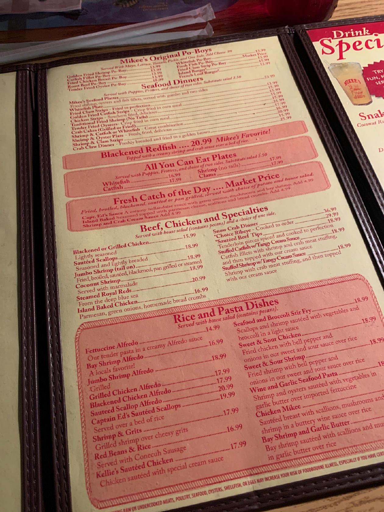 Menu at Mikee's Seafood restaurant, Gulf Shores