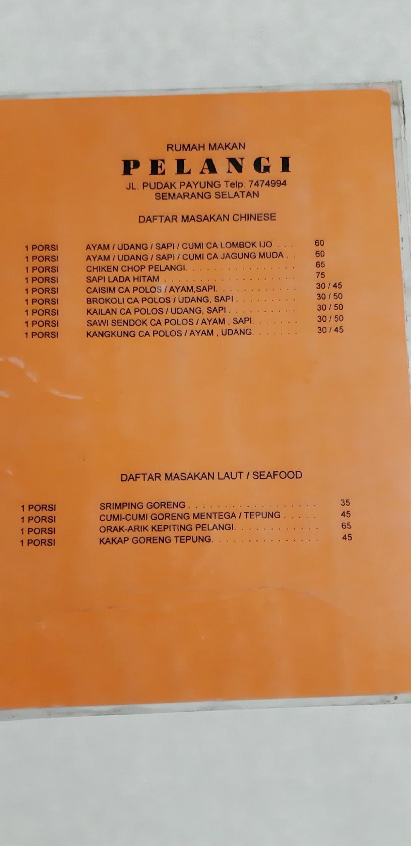 Carta del restaurante Rumah Makan Pelangi, Semarang