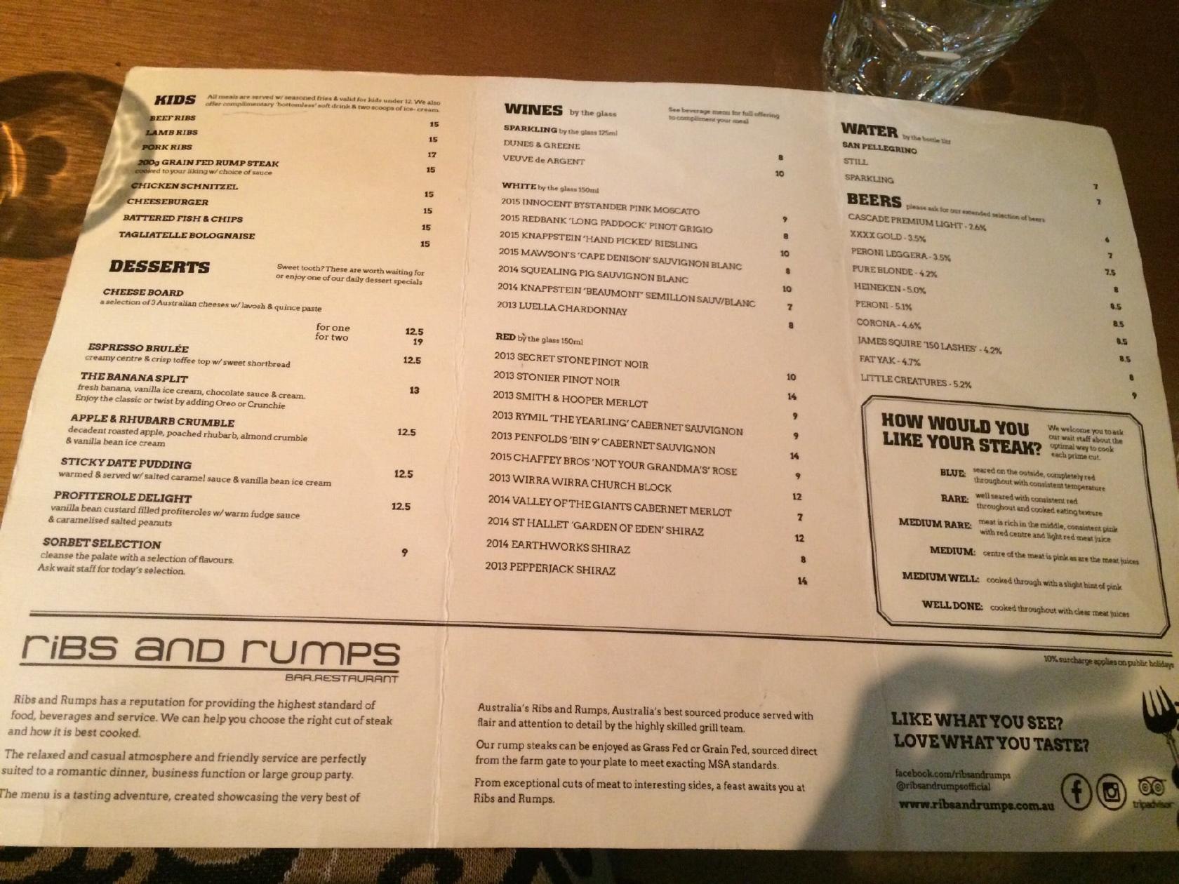 Menu at Ribs and Rumps Olympic Park steakhouse, Sydney Olympic Park