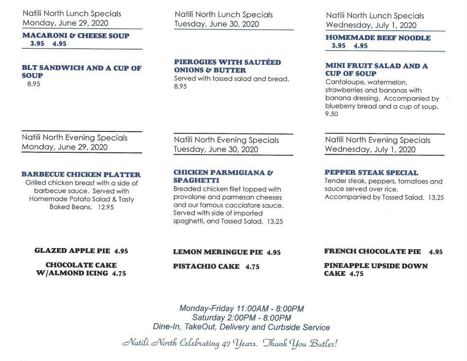 Menu at Natili North pizzeria, Butler