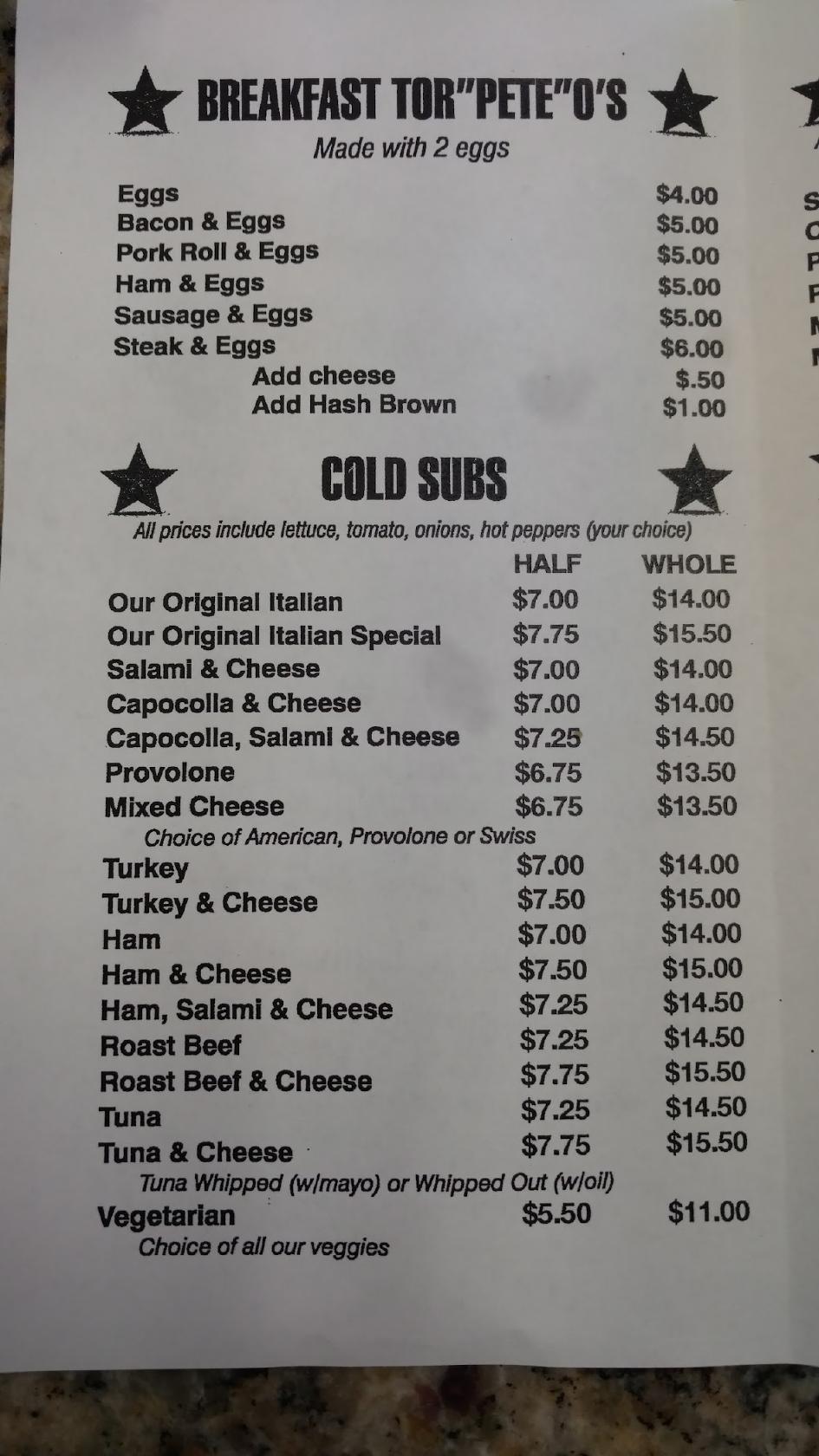 Menu at Pete's Subs restaurant, Egg Harbor Township