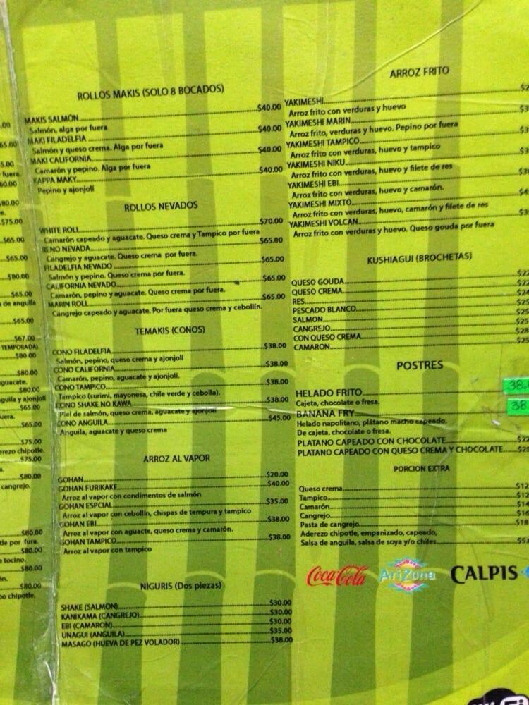 Menu at Bambú Sushi restaurant, Aguascalientes