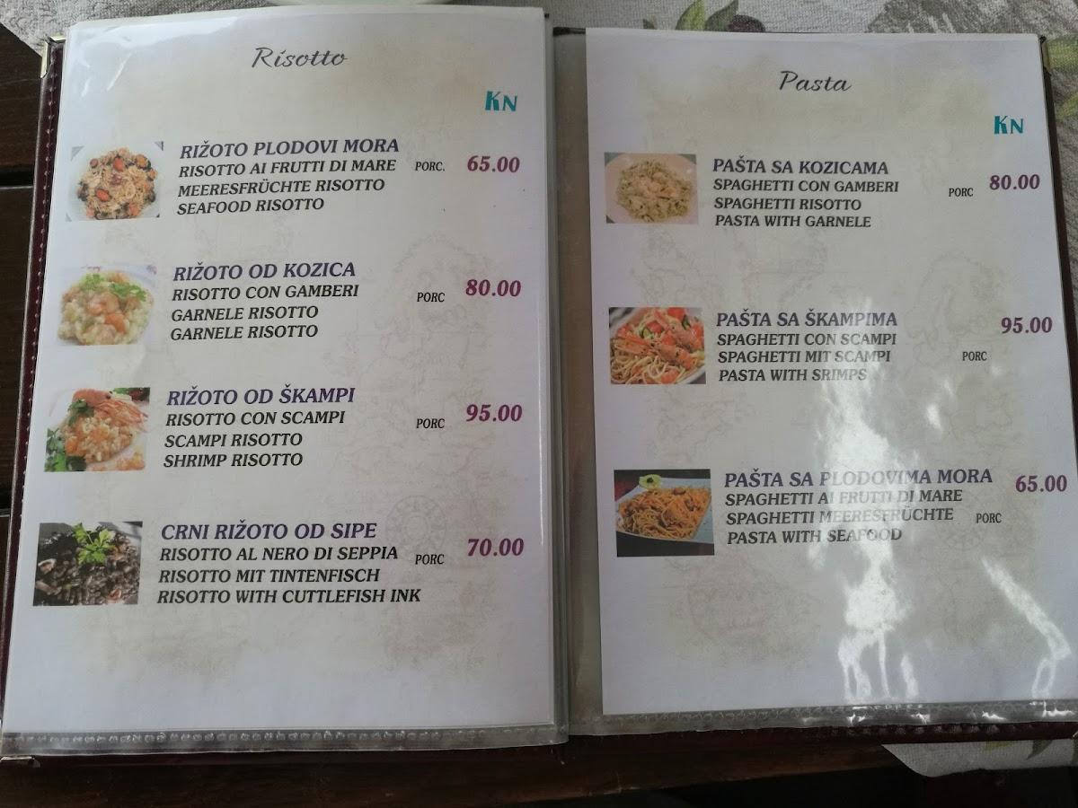 Menu at ŠANPJER restaurant, Rab
