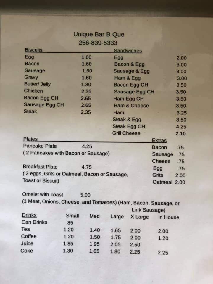 Menu at Unique BarBQ Place, Goodwater