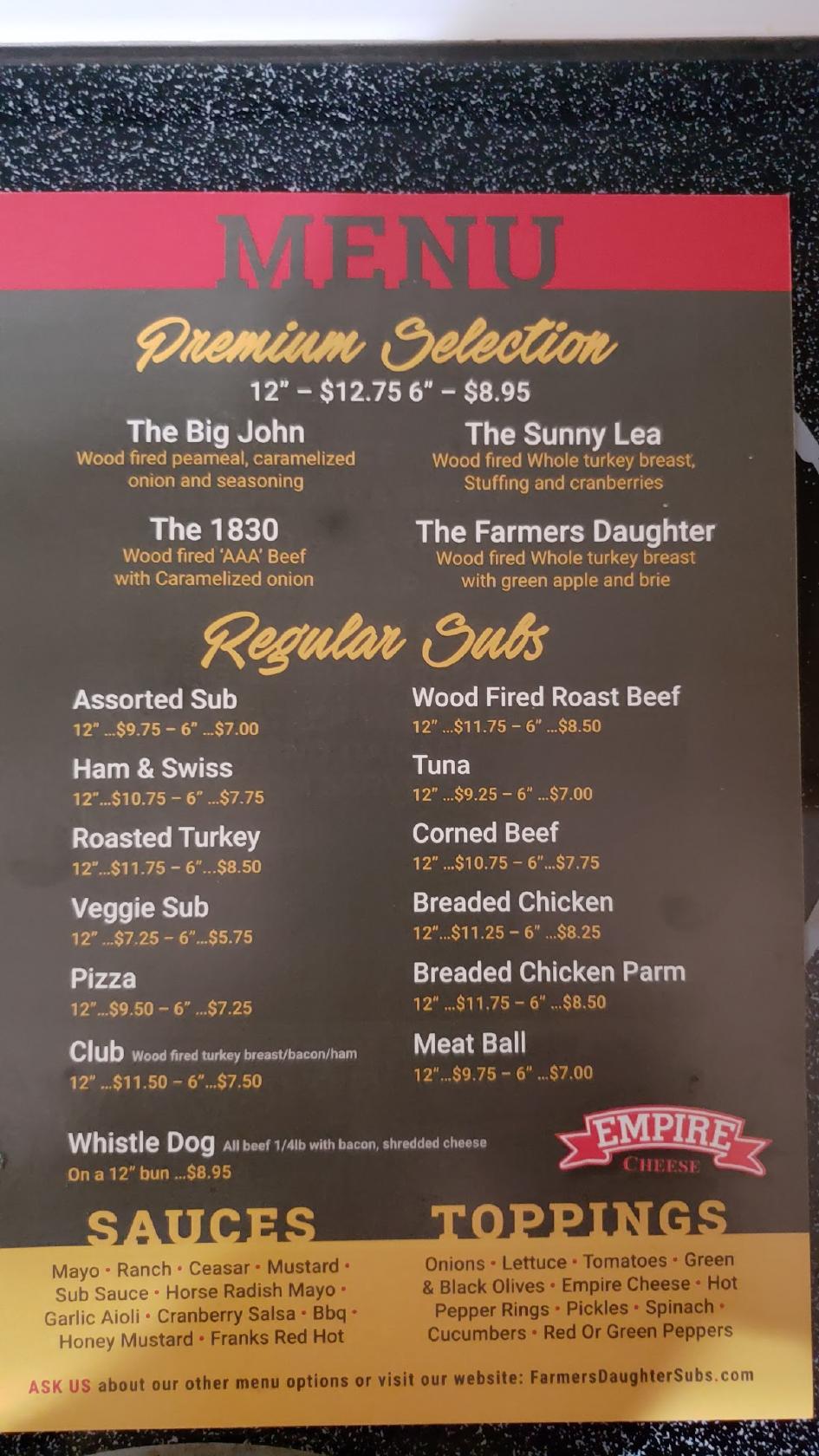 Menu at Farmer's Daughter Sub Shoppe restaurant, Belleville, Old