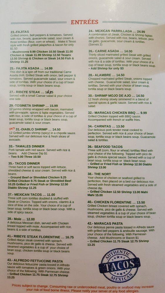 Menu at Las Maracas restaurant, Westwego