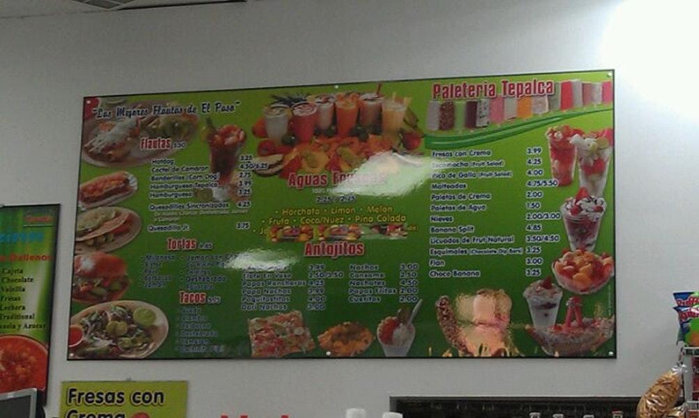 Menu at Tepalca restaurant, El Paso