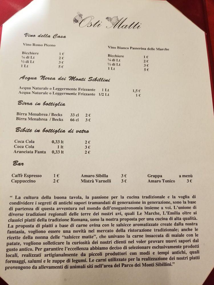 Menu at Trattoria Osti Matti restaurant, Rome