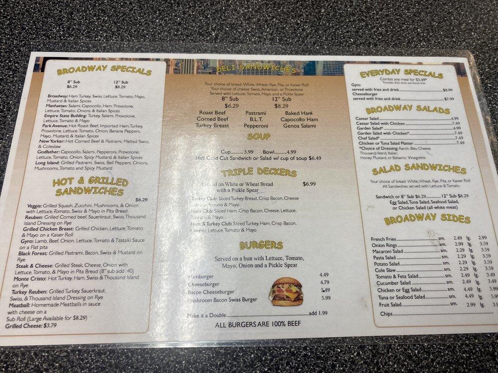Menu at Broadway Deli & Grill restaurant, Jacksonville, Belfort Rd 2