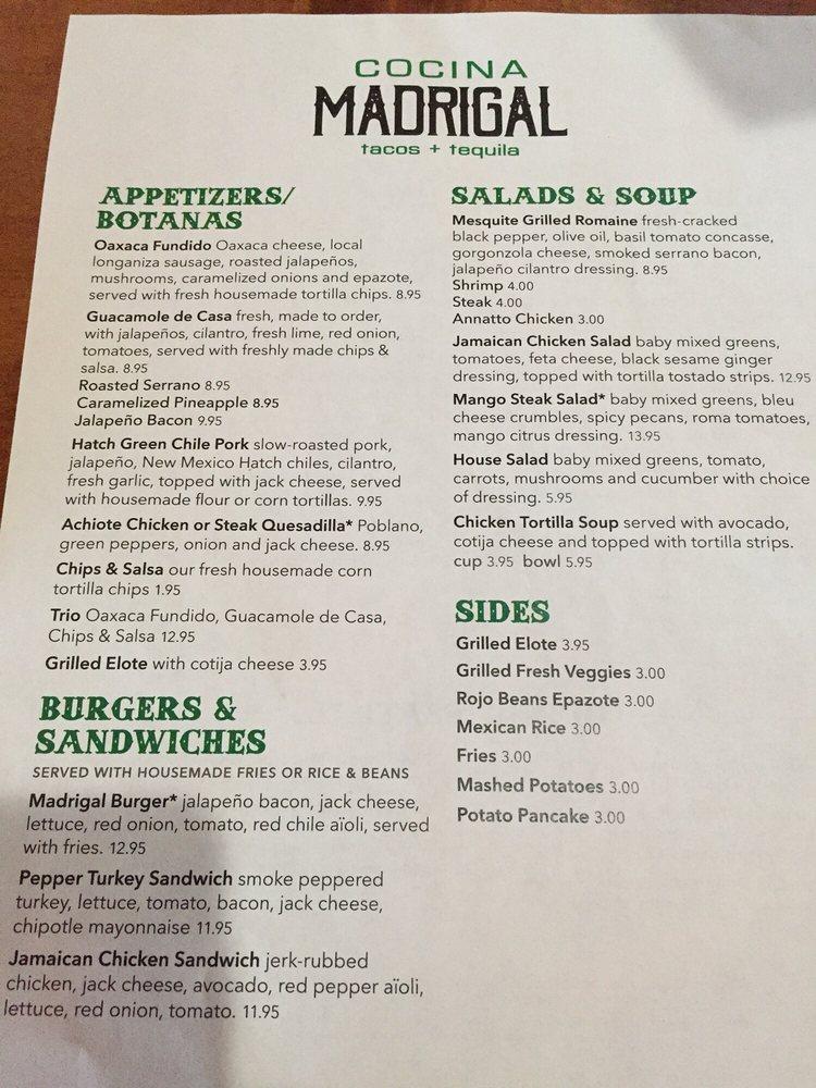 Menu at Cocina Madrigal Tacos + Tequila restaurant, Phoenix