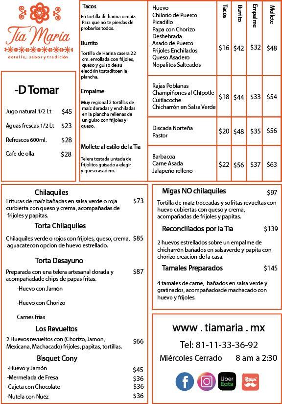 Menu at Tía María restaurant, Monterrey, Av Paseo de los Leones 2900