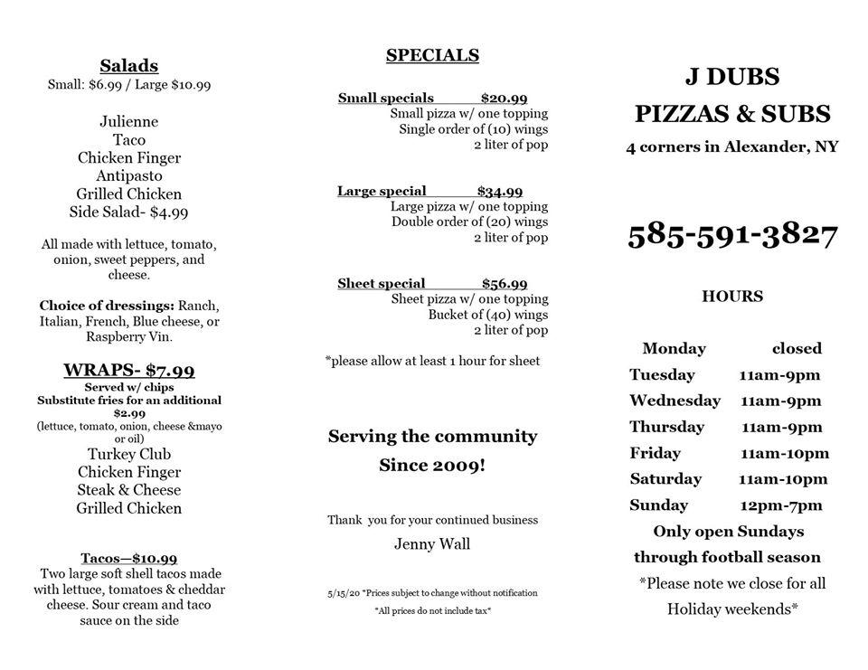 Menu at J Dubs Pizzas & Subs of Alexander New York pizzeria, USA