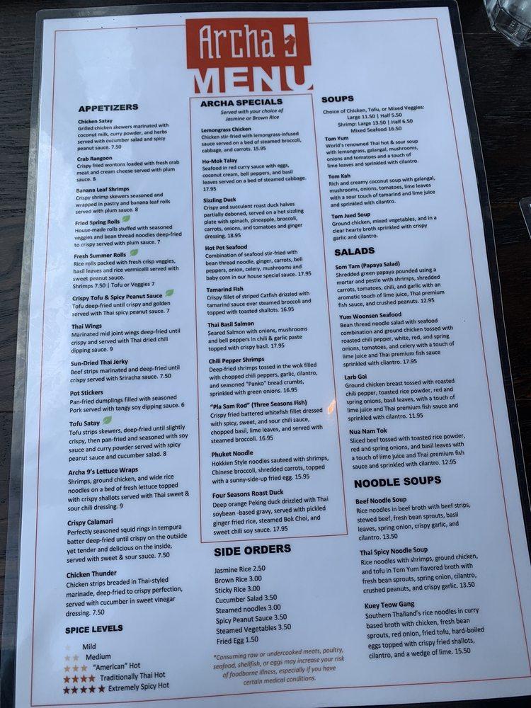 Carta del restaurante Archa Nine Thai Kitchen Old Todds Road, Lexington