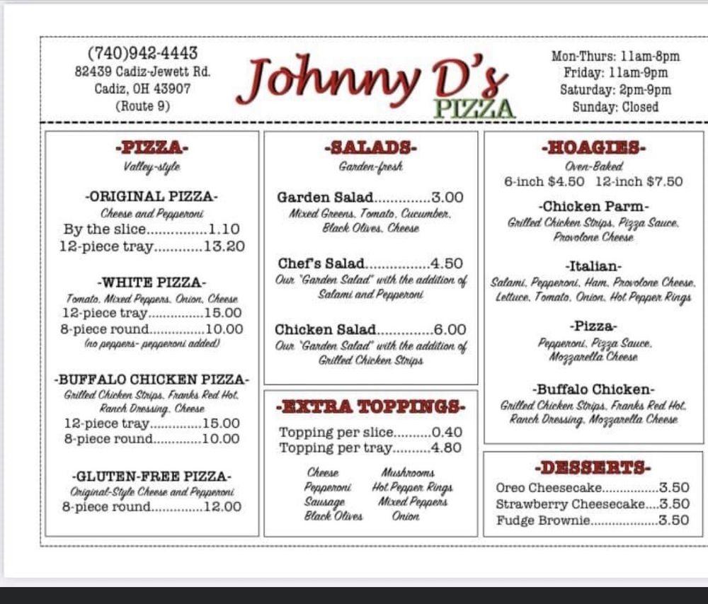 Menu at Johnny D's Pizza pizzeria, Cadiz