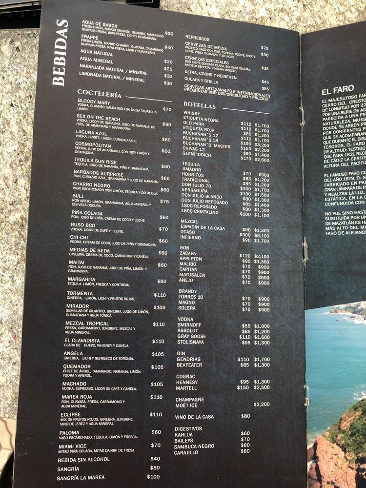 Menu at La Marea Mazatlán pub & bar, Mazatlán, Cam. a Observatorio 11