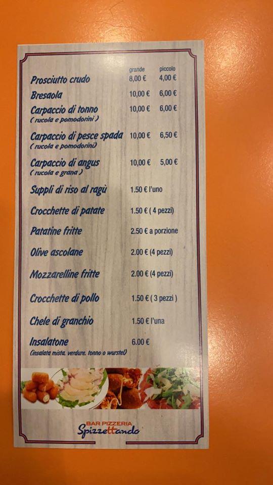 Menu di Bar Pizzeria Spizzettando 