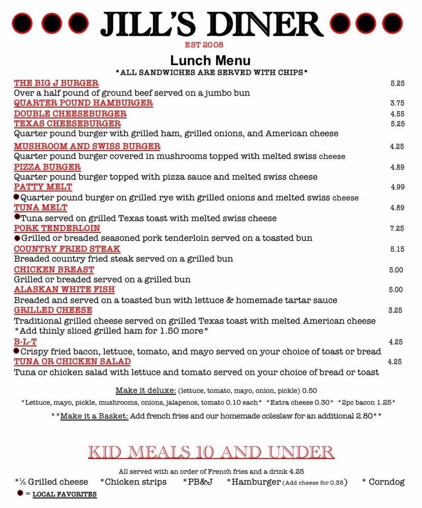 Menu at Jill's Diner restaurant, Columbus
