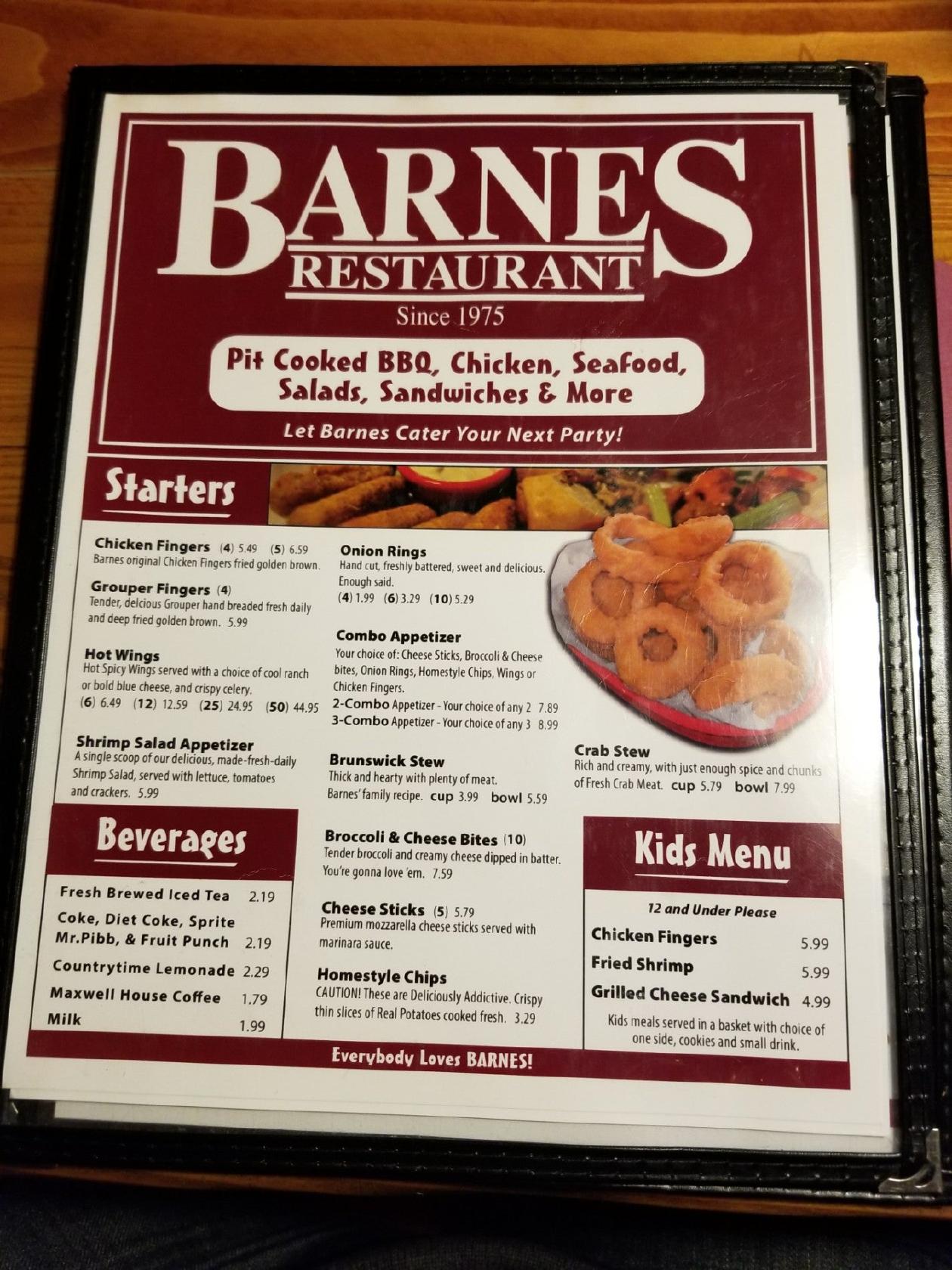Menu at Barnes Restaurant, Savannah, Waters Ave