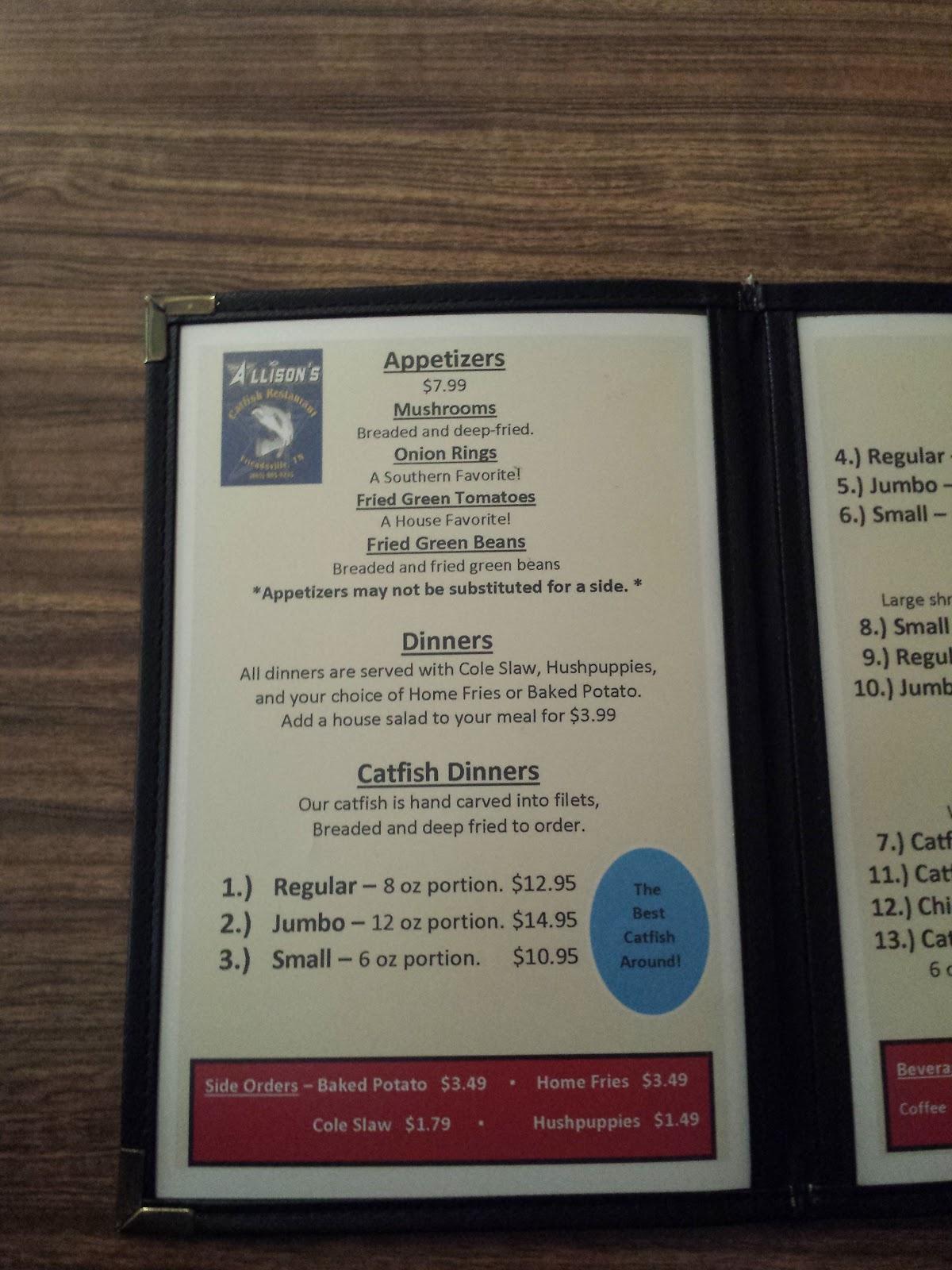 Menu at Allison Catfish Farm & Restaurant, Friendsville