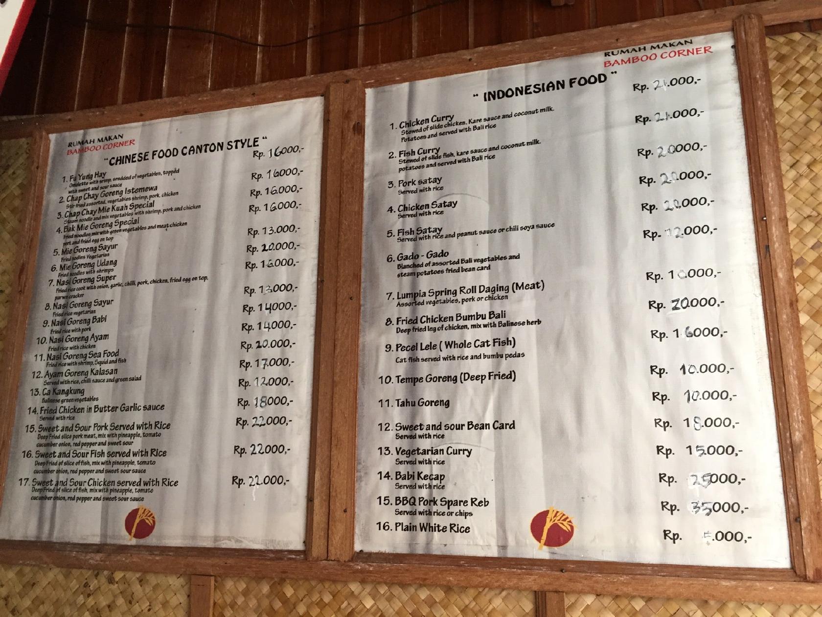 Menu at Bamboo Corner restaurant, Kuta