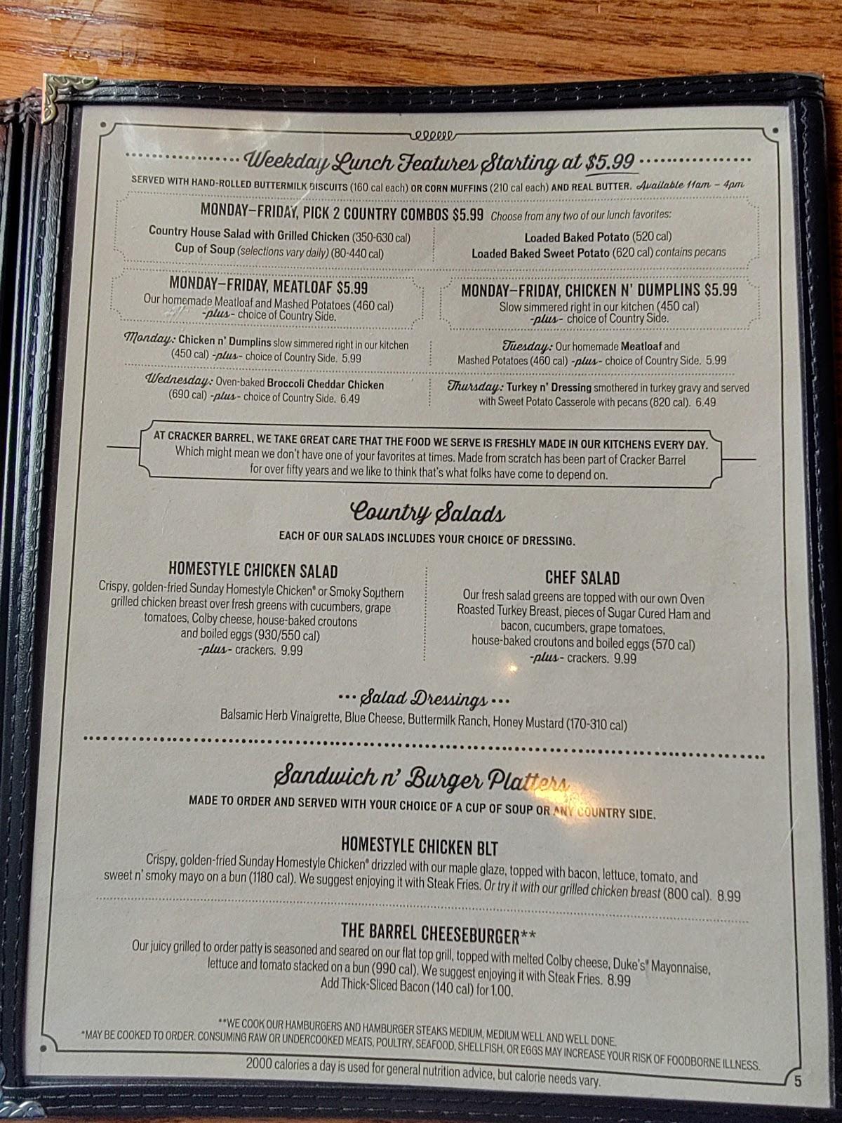 Menu at Cracker Barrel Old Country Store, Urbana