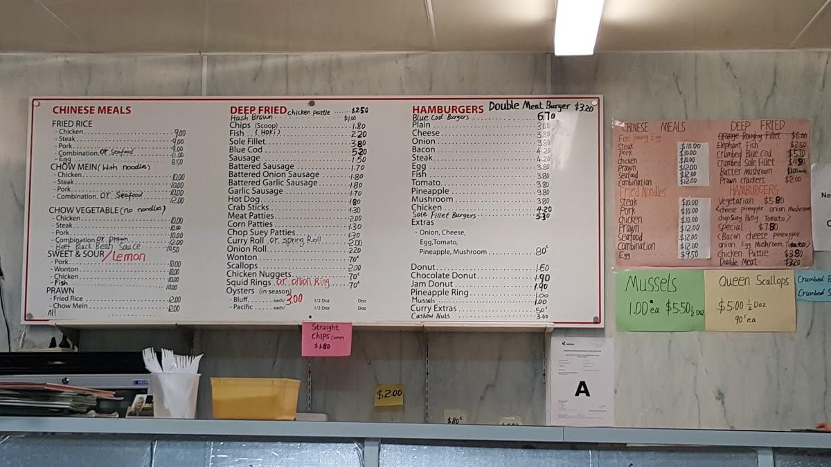 Menu at Port Fish Supply fast food, Dunedin