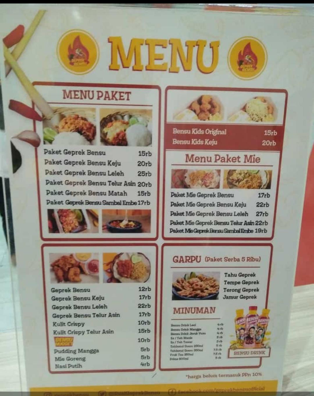 Menu at Geprek Bensu restaurant, Indramayu