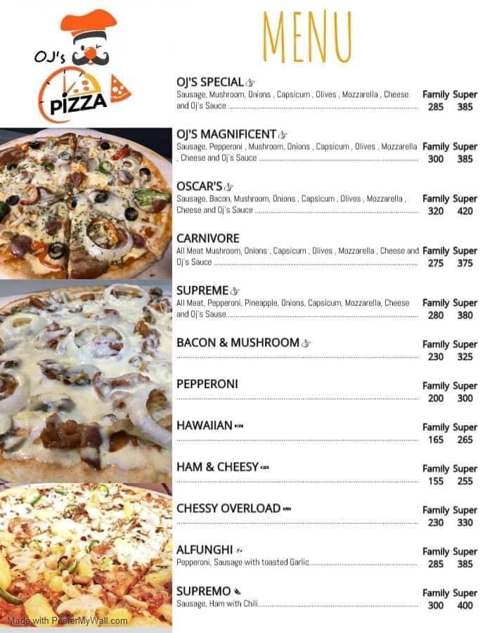 Menu at OJ's Loca Pizza restaurant, Hinigaran