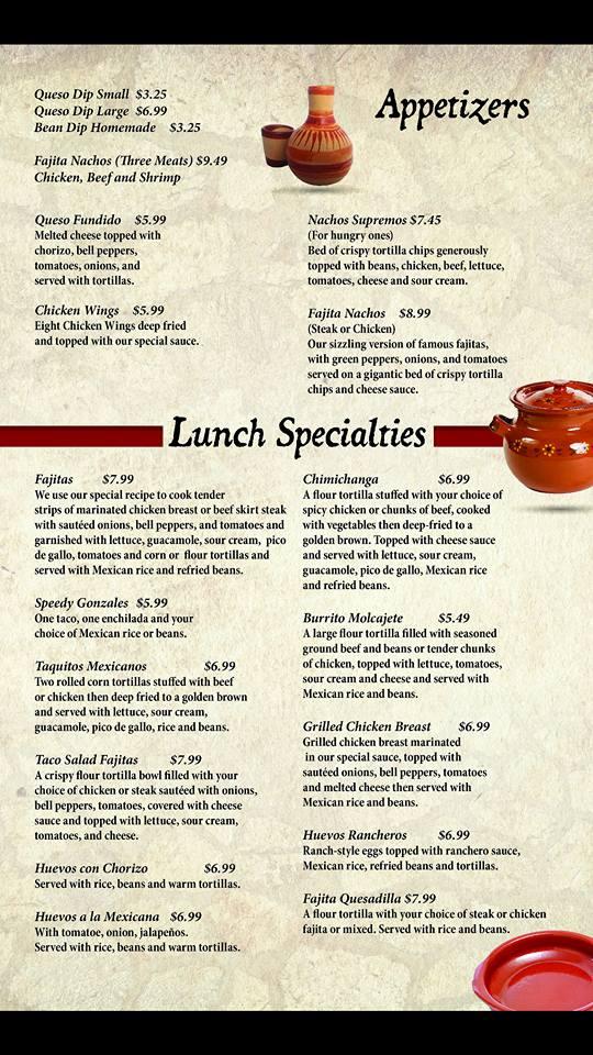 Menu at Molecajete Mexican Restaurant, Lepanto