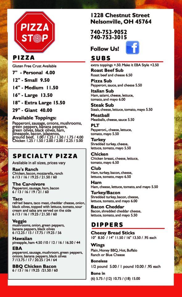 Menu at Pizza Stop restaurant, Nelsonville