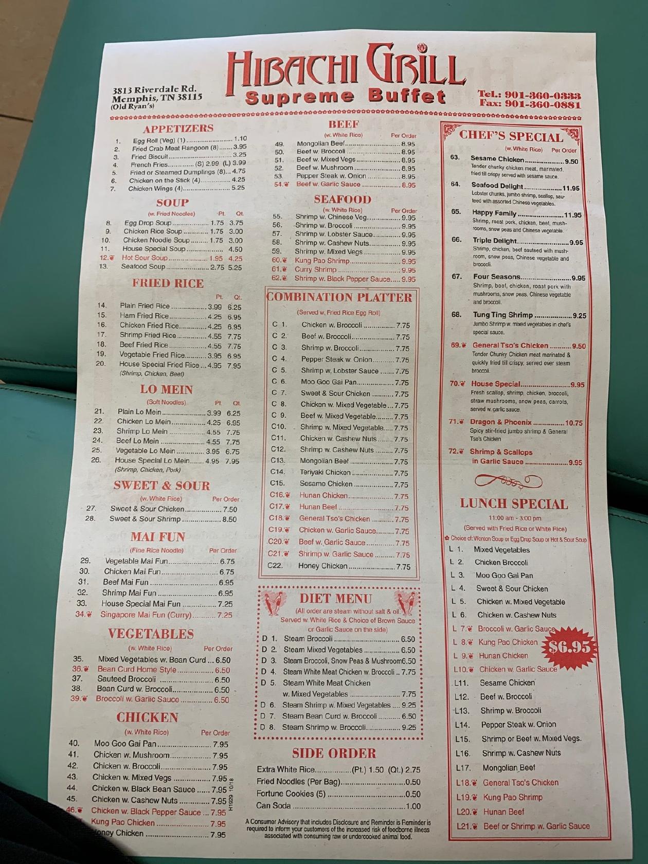 Hibachi buffet outlet menu