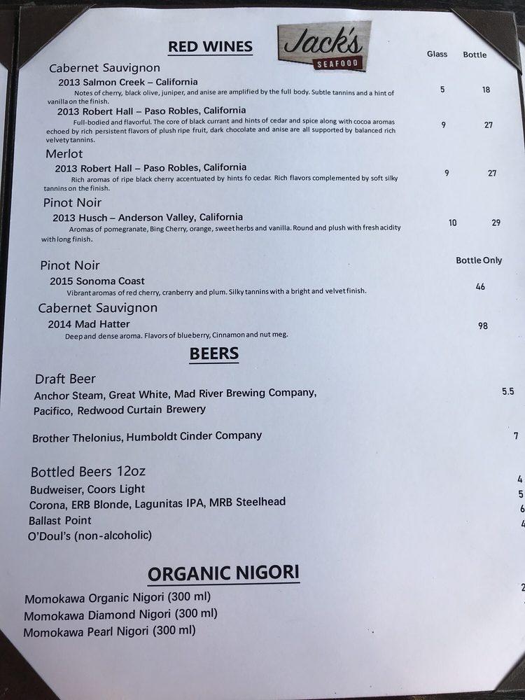 Carta del restaurante Jack's Seafood, Eureka