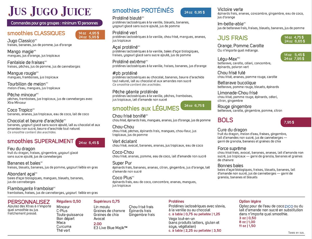 Menu at Jugo Juice pub & bar, Montreal, 895 Rue De La Gauchetière O #90-467