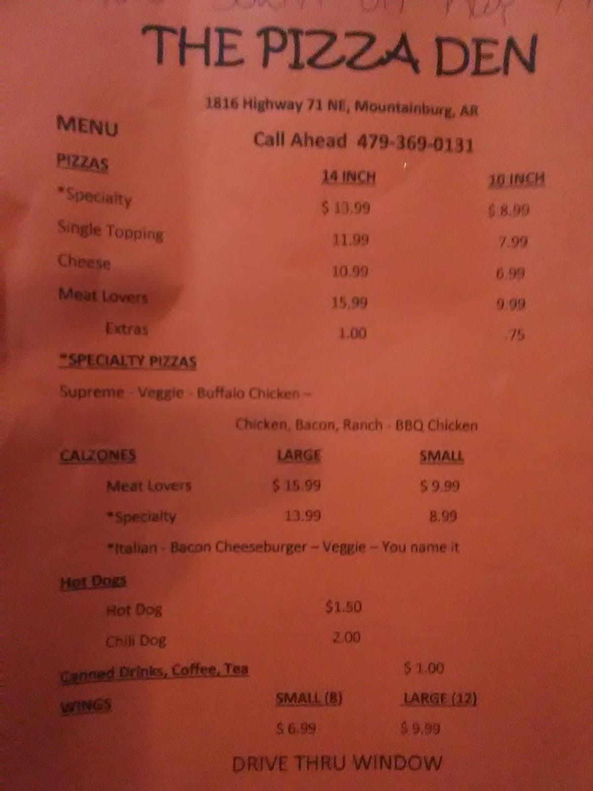 Menu at Pizza Den pub & bar, Mountainburg