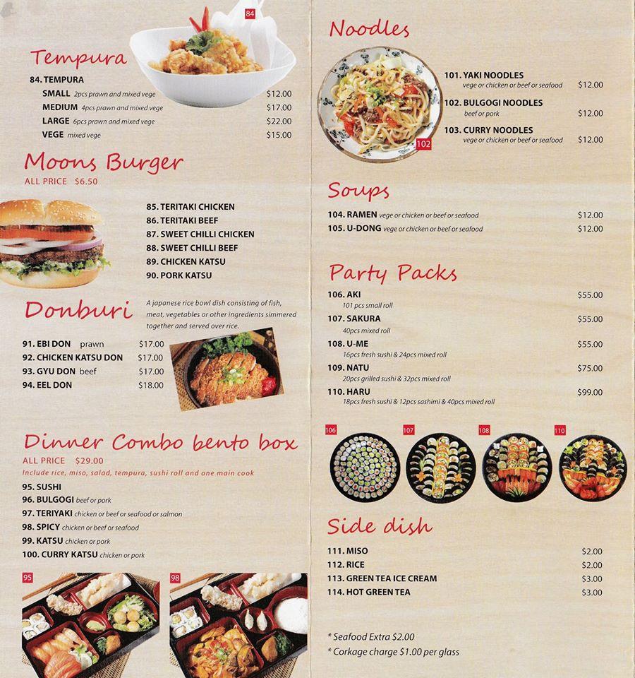 Menu at Moon's Sushi Shellharbour restaurant, Shellharbour